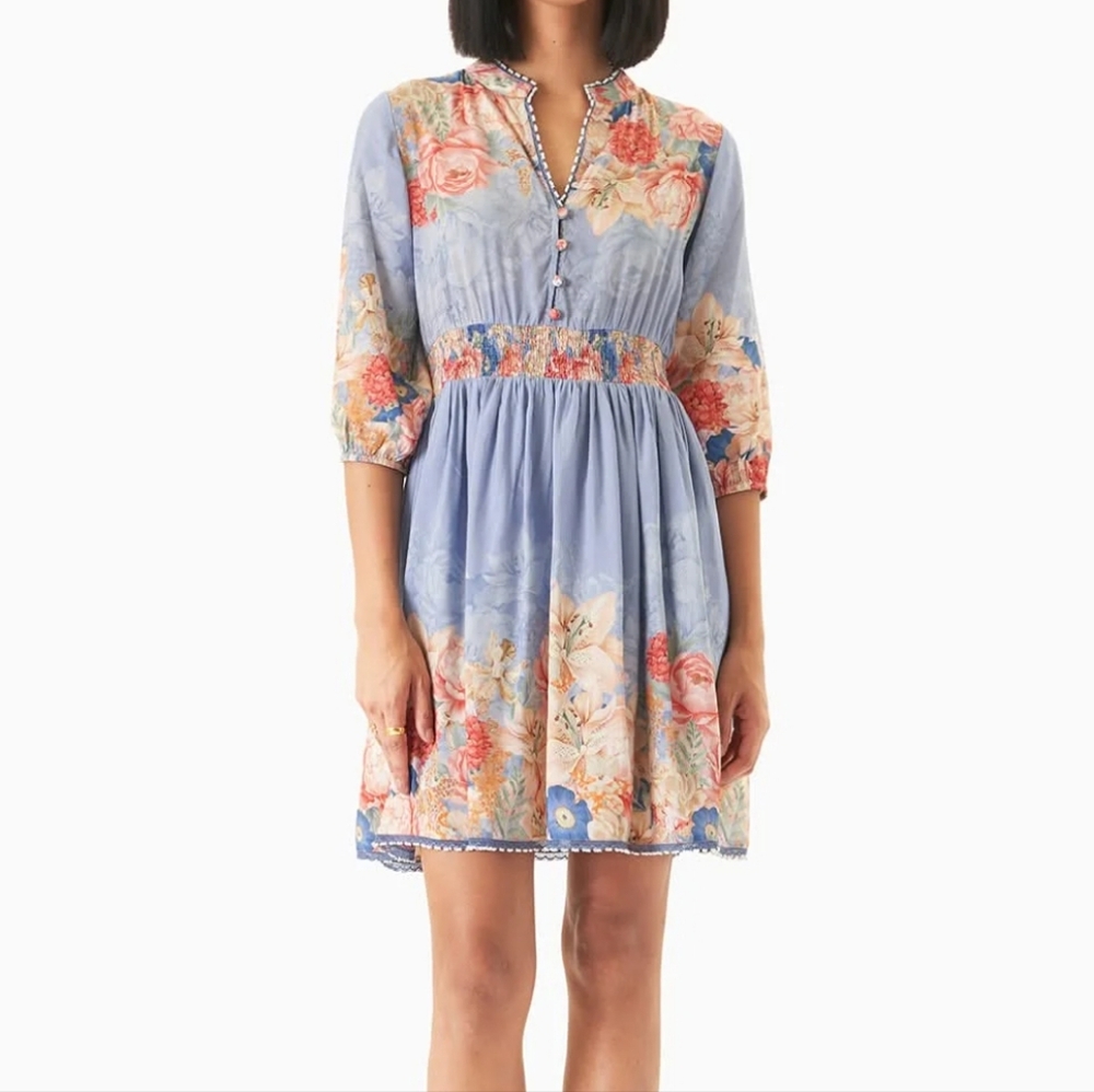 Miri Dress Size S Baby Blue Mini Long sleeve Floral Elastic At Waist Flare